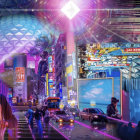 Colorful animated street scene with twinkling lights and floating elements at dusk