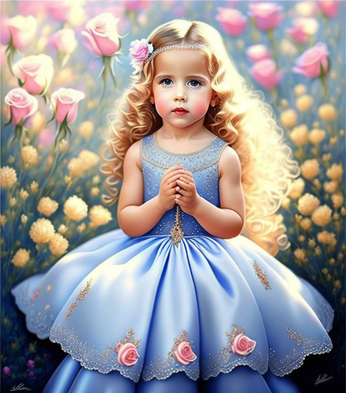 Young girl in blue dress with rose embellishments among flowers.