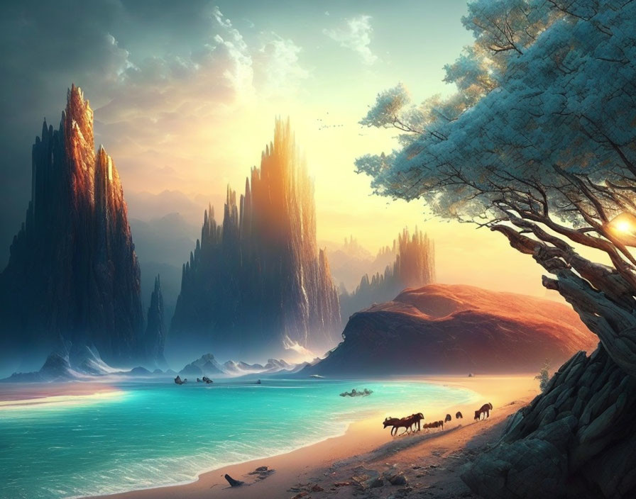 Majestic rock formations, turquoise sea, horses, lone tree in warm light