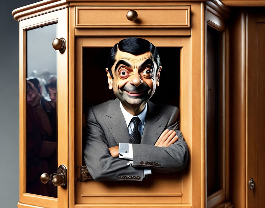 Exaggerated facial expression man in wooden wardrobe caricature