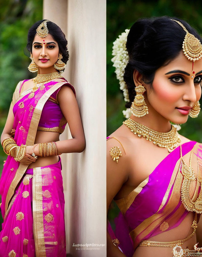 Traditional Indian woman in vibrant pink and gold sari and gold jewelry poses elegantly outdoors