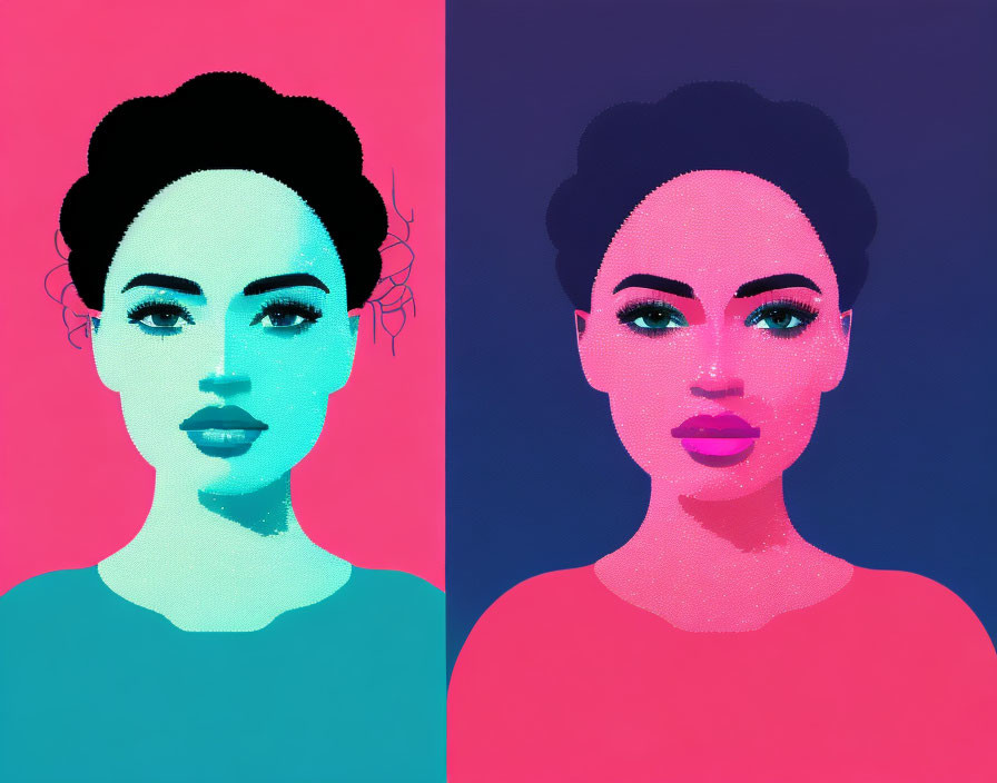 Pop art style image: Woman's face split cyan and magenta on contrasting backgrounds