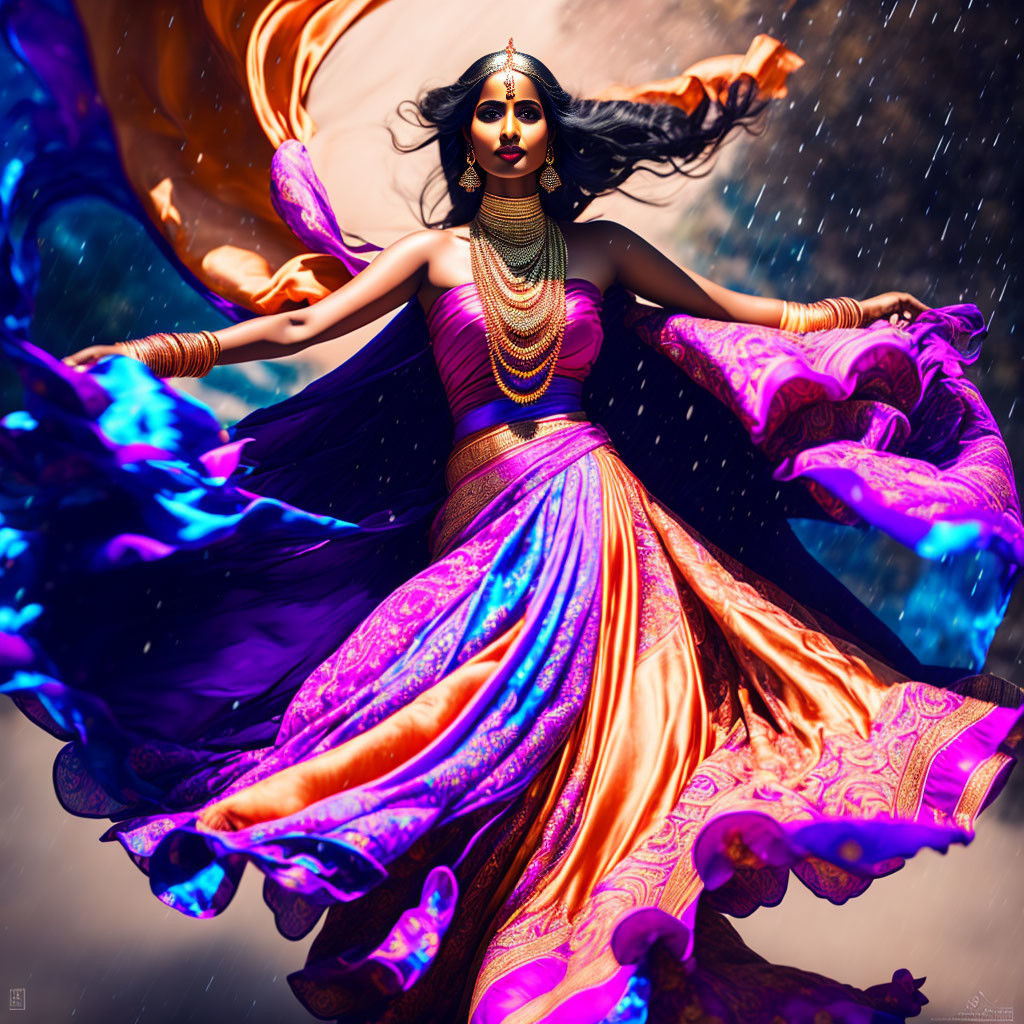 Traditional Indian Attire Dancer Amid Stormy Background