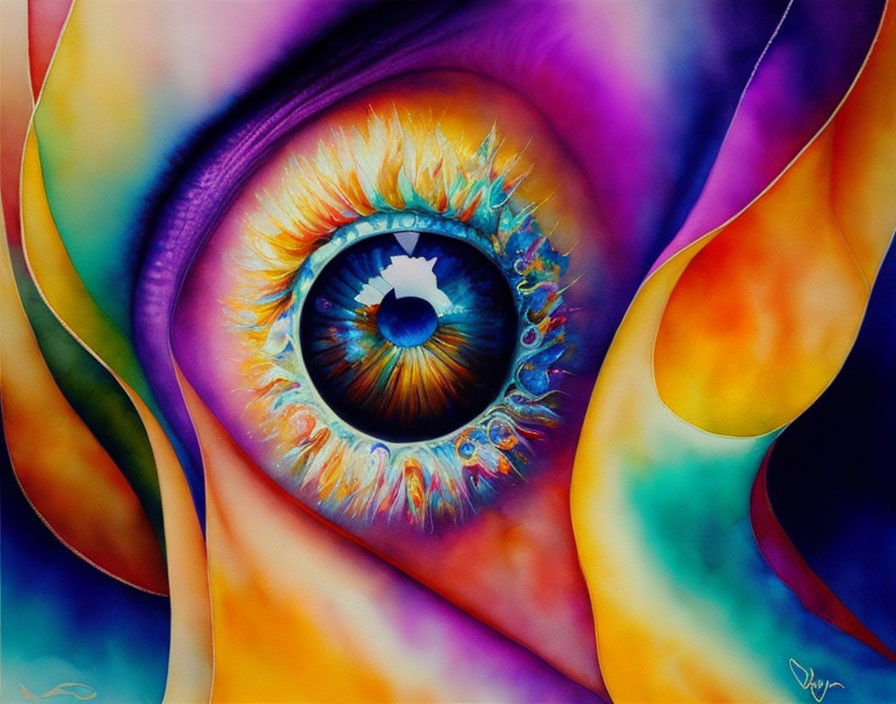 Colorful Watercolor Painting of Stylized Human Eye and Abstract Patterns