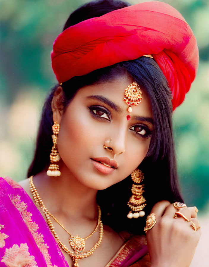 Traditional Indian attire woman with red headwrap and jewelry.