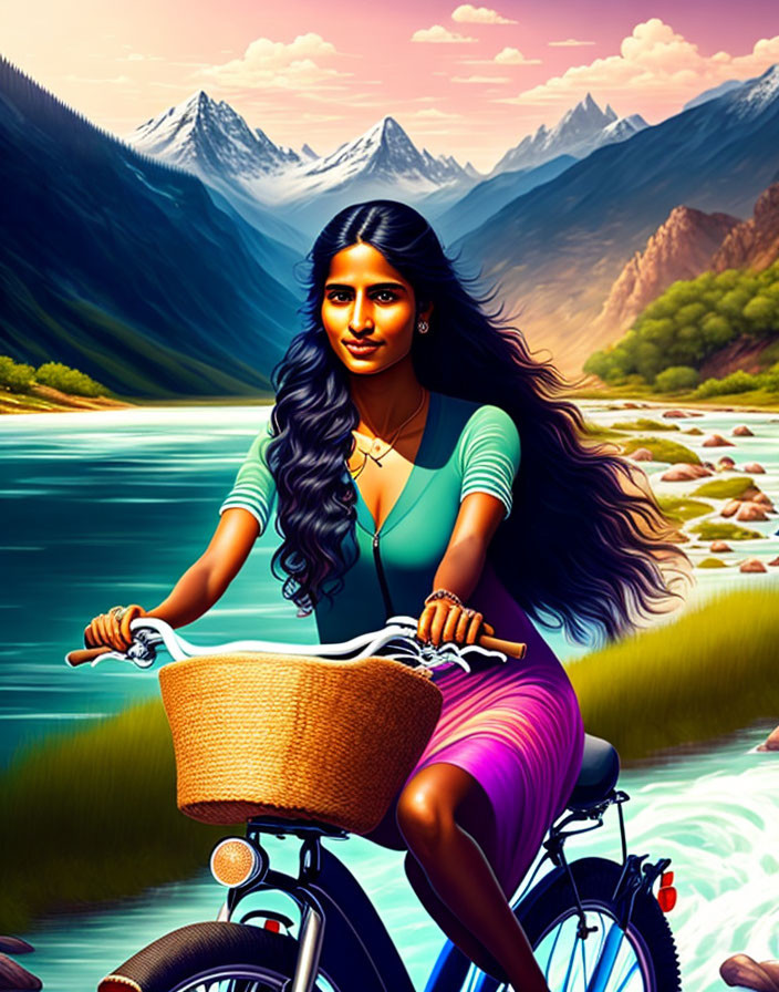 Woman with long dark hair biking by scenic river and mountains