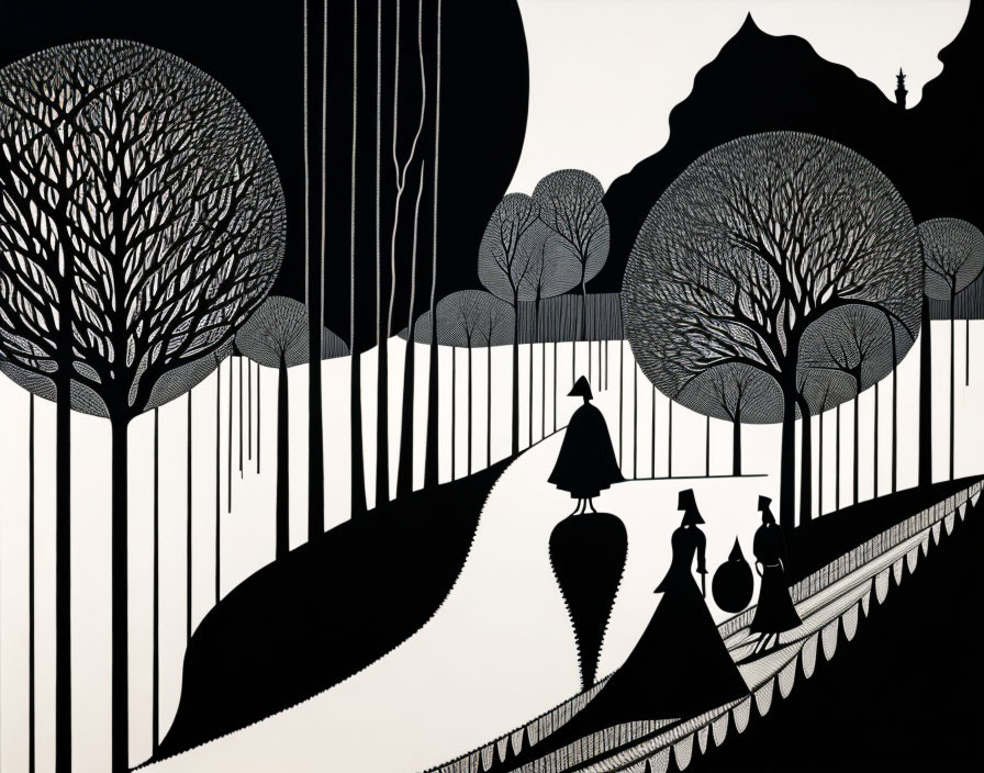 Monochrome forest path with silhouetted figures & intricate trees