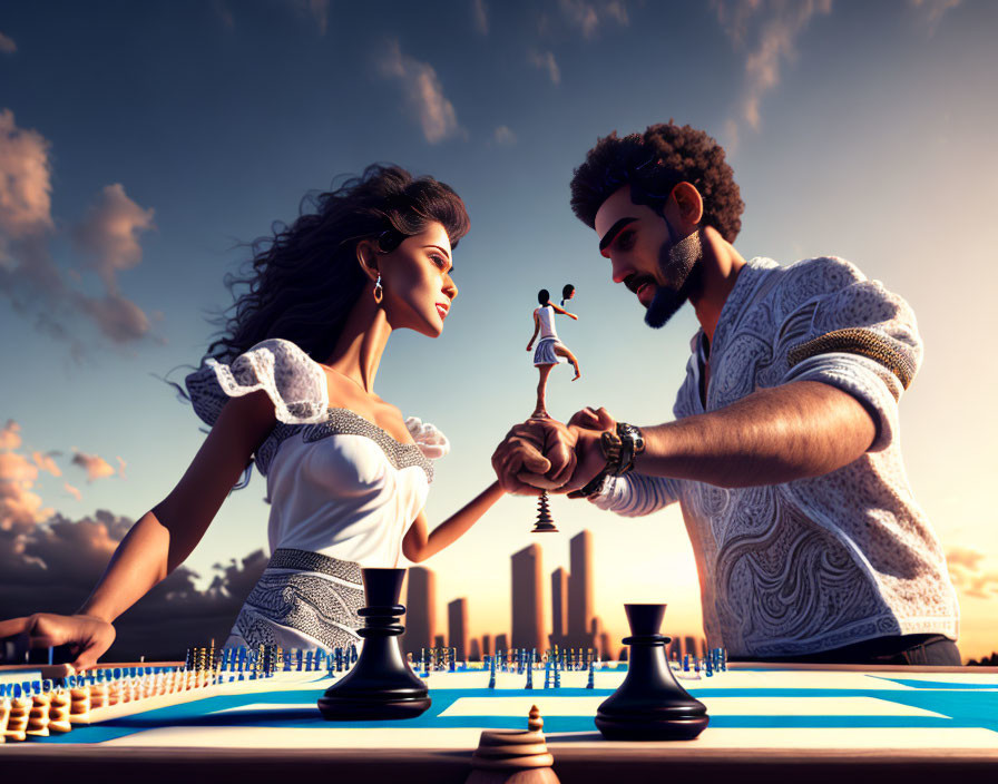 Surreal chess game with tiny human figure and city skyline backdrop