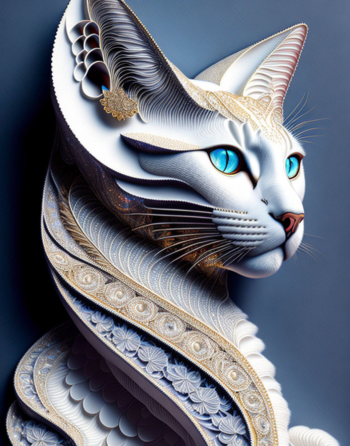 Stylized cat image with intricate patterns and blue eyes