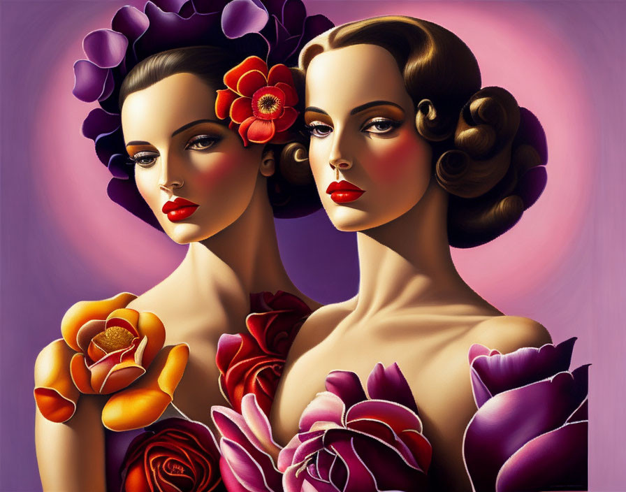 Stylized women with floral adornments and classic hairstyles on purple backdrop