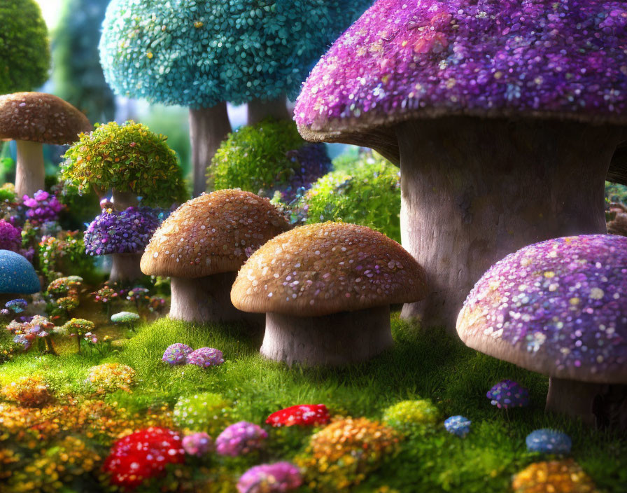 Colorful Mushroom Forest with Magical Glow and Lush Plants