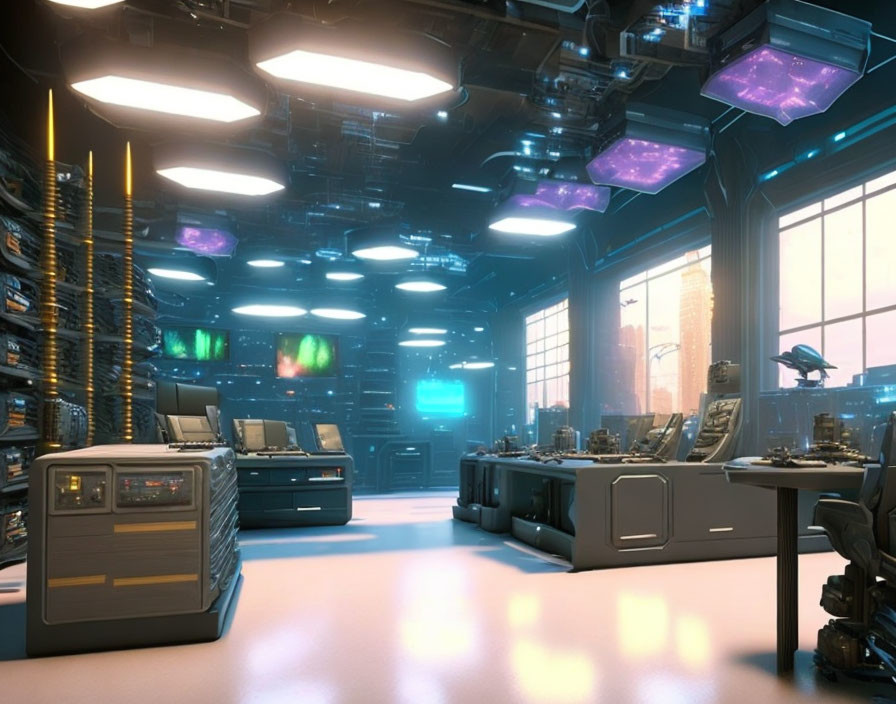 Advanced Futuristic Control Room with Glowing Screens & Robotic Arm