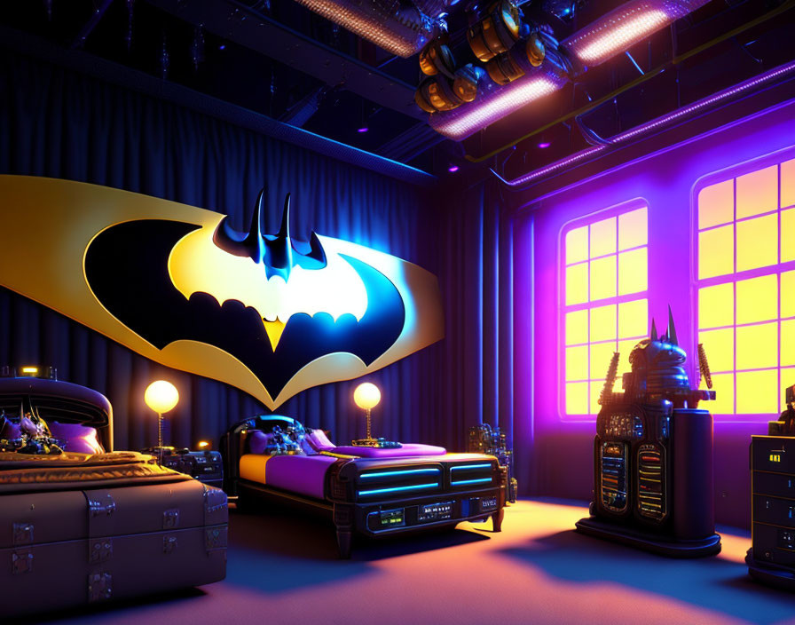 Batman-themed bedroom with neon lights, emblem wall decor, and themed furniture.