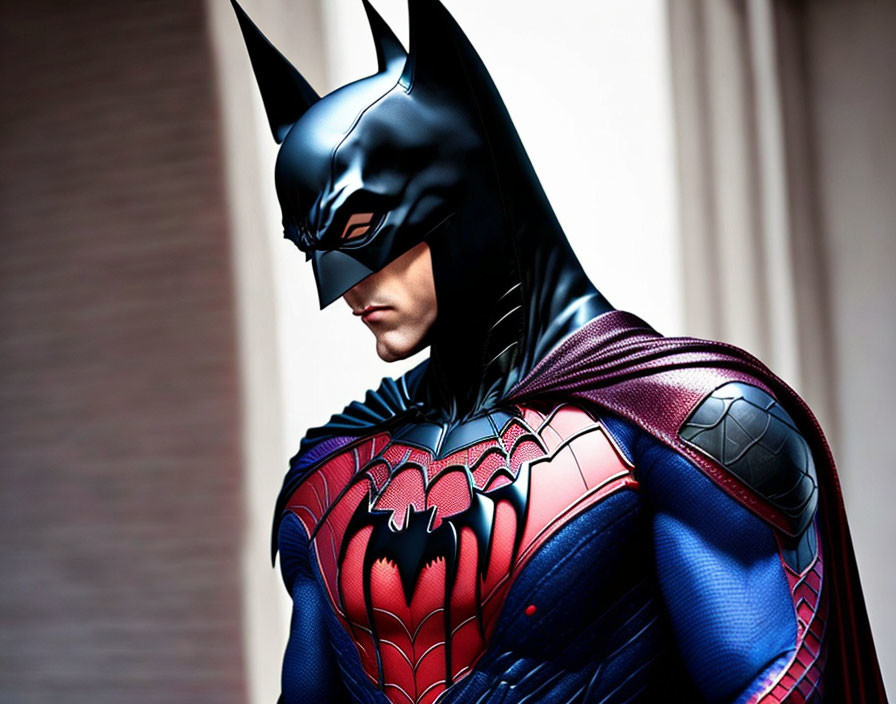 Detailed Batman Costume with Black Cowl and Blue & Red Armored Suit