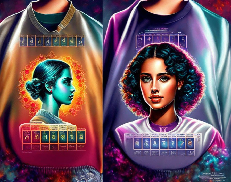 Digital portraits of women with periodic table elements and cosmic backgrounds.