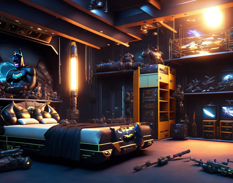 Batman-themed Bedroom with Batmobile Bed and Displayed Suits