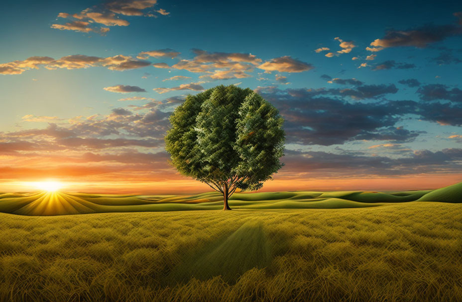 Solitary Tree in Golden Wheat Field at Sunset