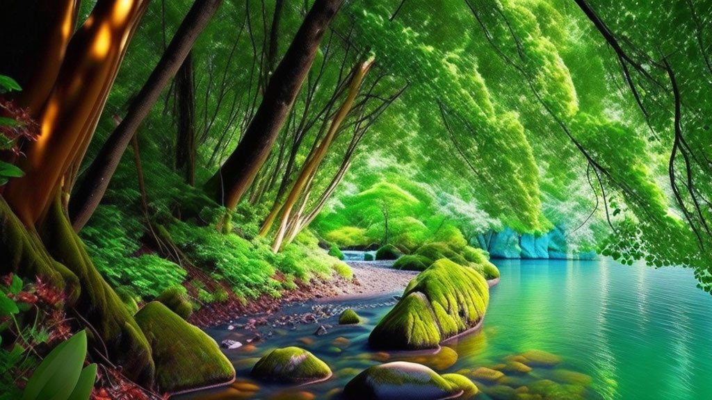 Tranquil forest river with green trees and sunlight