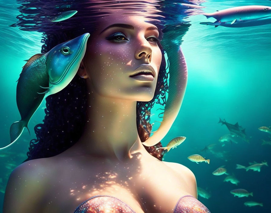 Illustration: Woman submerged in water with colorful fish and flowing hair