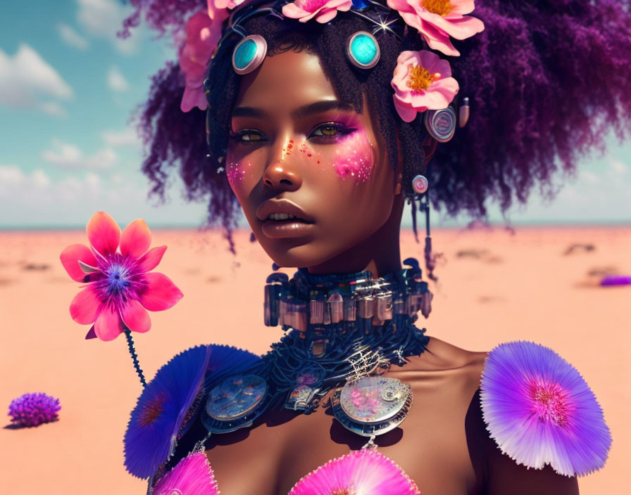 Portrait of woman with purple hair, floral accessories, and futuristic jewelry in desert scenery