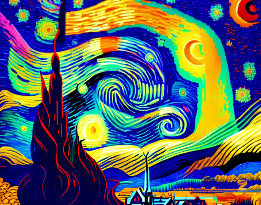 Colorful reinterpretation of Starry Night with bold swirls