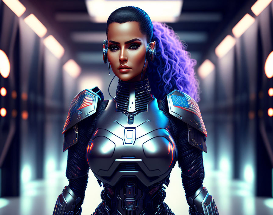 Futuristic female cyborg with purple hair in detailed armor in sci-fi corridor