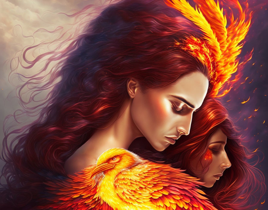 Digital artwork featuring female figure with fiery hair and mythical phoenix bird