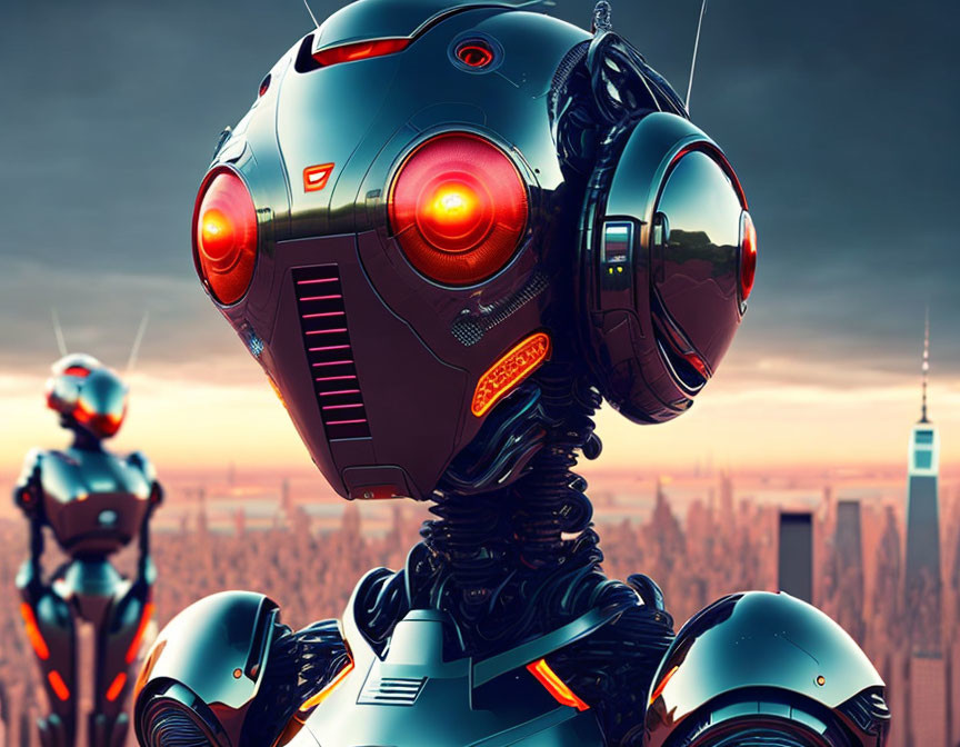 Futuristic robots with glowing eyes in sci-fi cityscape at sunset