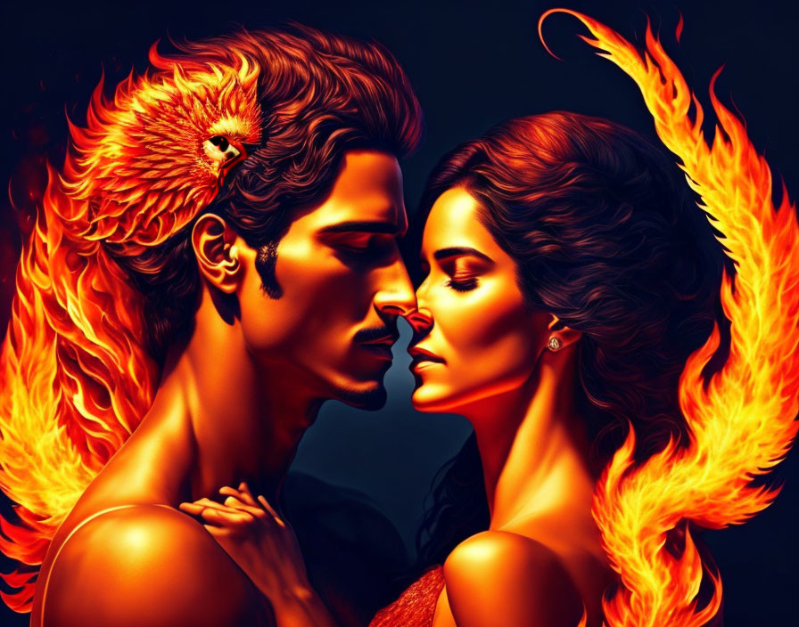 Digital artwork of man and woman with fiery phoenix wings embracing.