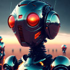 Futuristic robots with glowing eyes in sci-fi cityscape at sunset