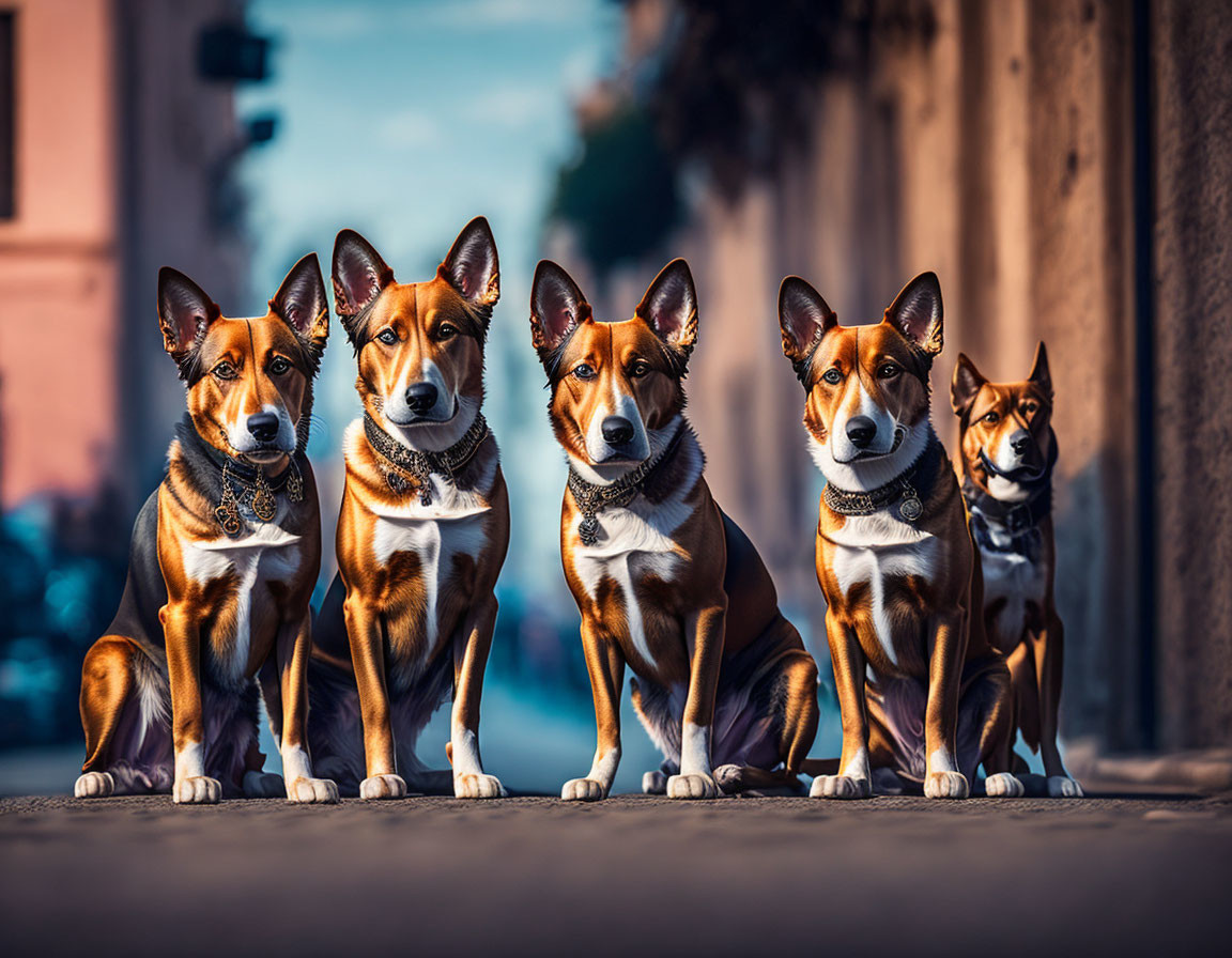 Five Dogs Sitting in a Row on Street with Blurry Building Background