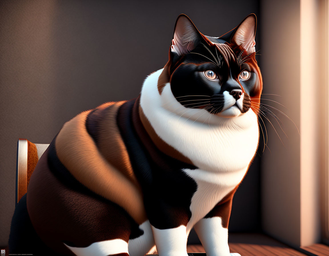 Plump cat with black and brown stripes and blue eyes by window in 3D render