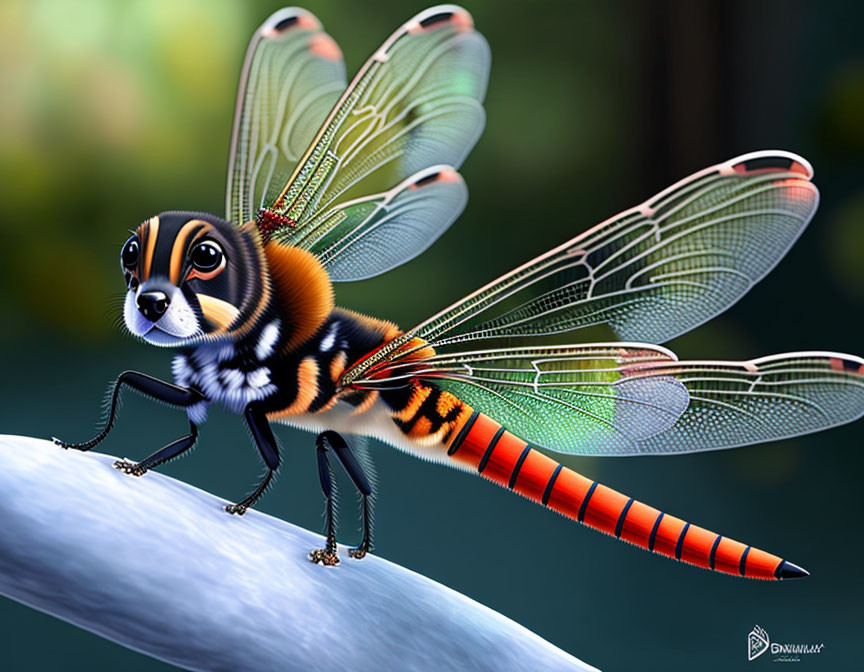 Digital Artwork: Dog Head with Dragonfly Body on Twig