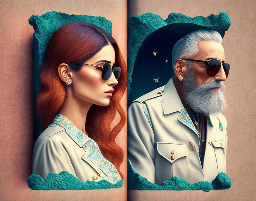 Stylish young woman and older man in sunglasses against split complementary background