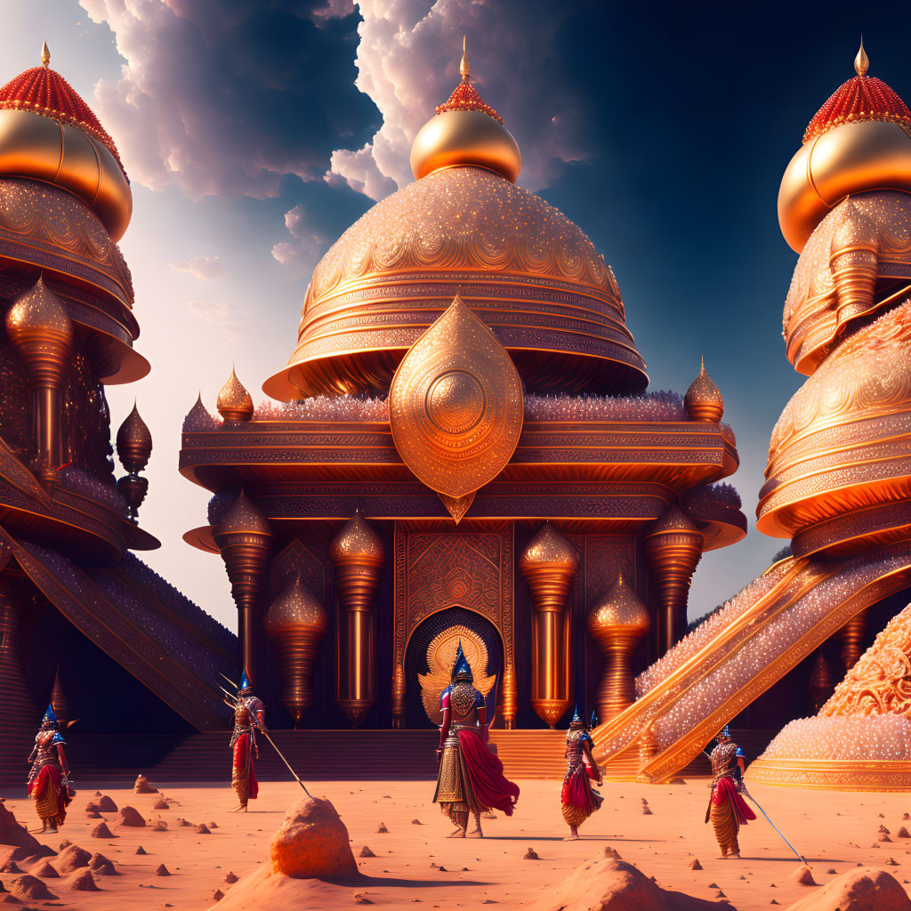 Fantasy palace with golden domes and guards in colorful attire in desert setting