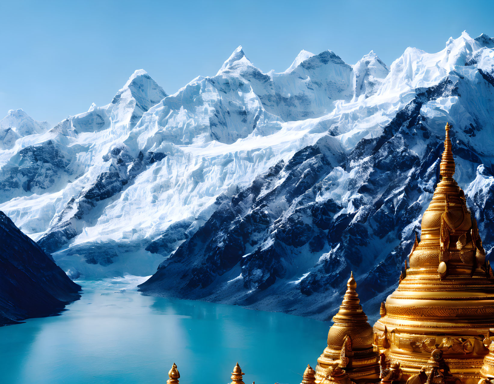 Golden Pagodas, Turquoise Lake, Snowy Peaks: Scenic Mountain View