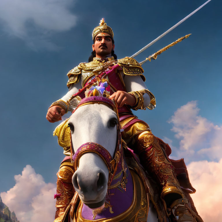 Regal figure in ornate armor on white horse with purple embellishments under jet trail