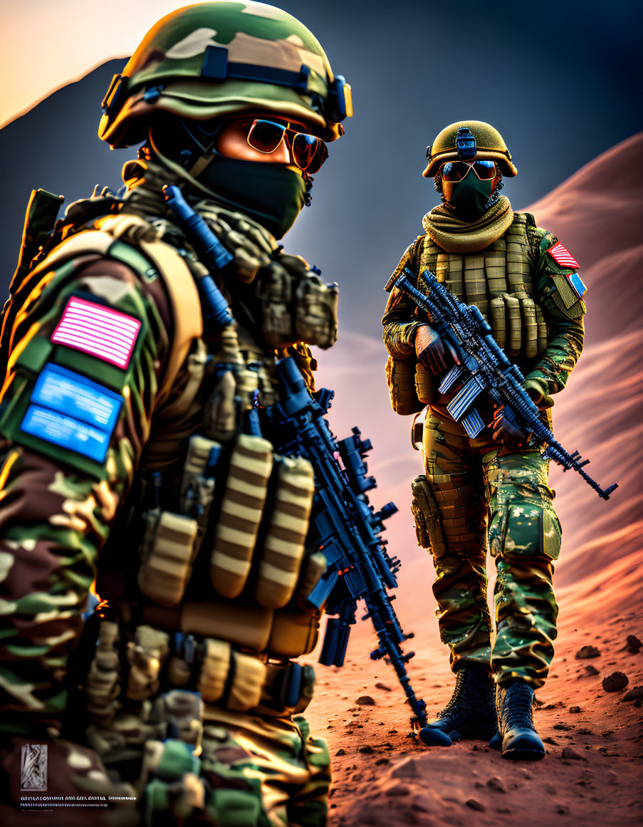 Two soldiers in full tactical gear with rifles in desert environment.