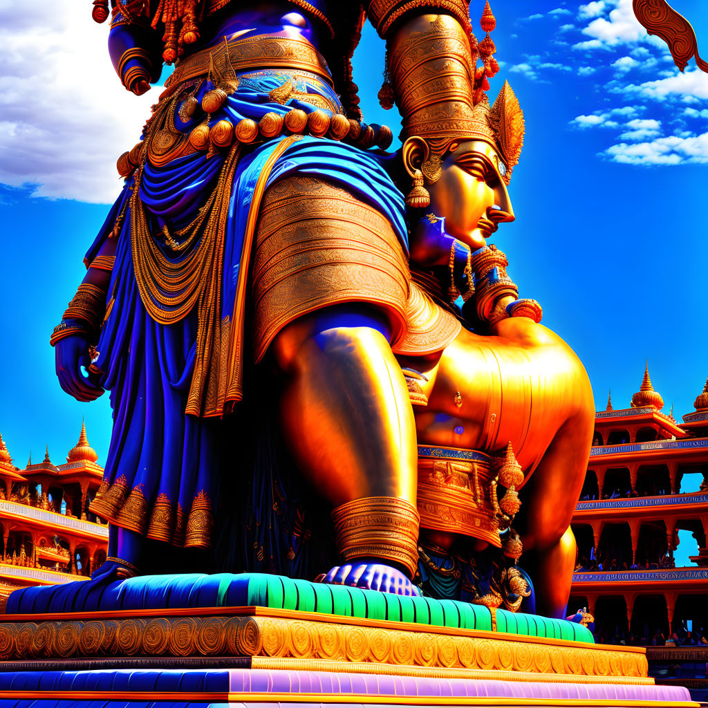 Colorful Hindu Deity Statue Against Blue Sky and Temple Architecture