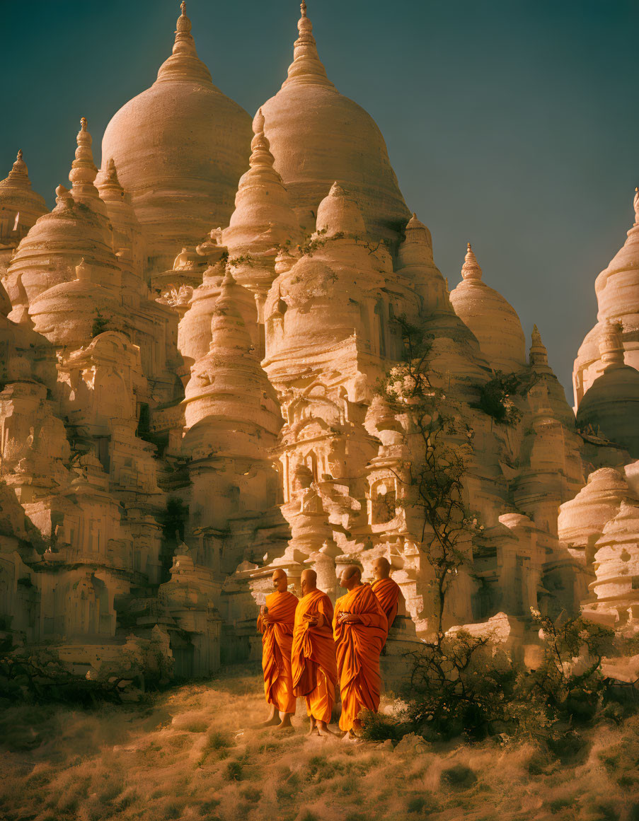 Three Monks in Orange Robes Near Ancient White Pagodas