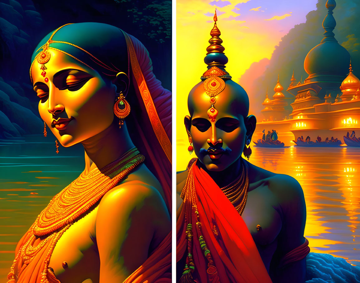 Stylized Indian woman in traditional attire by river and temple at sunset