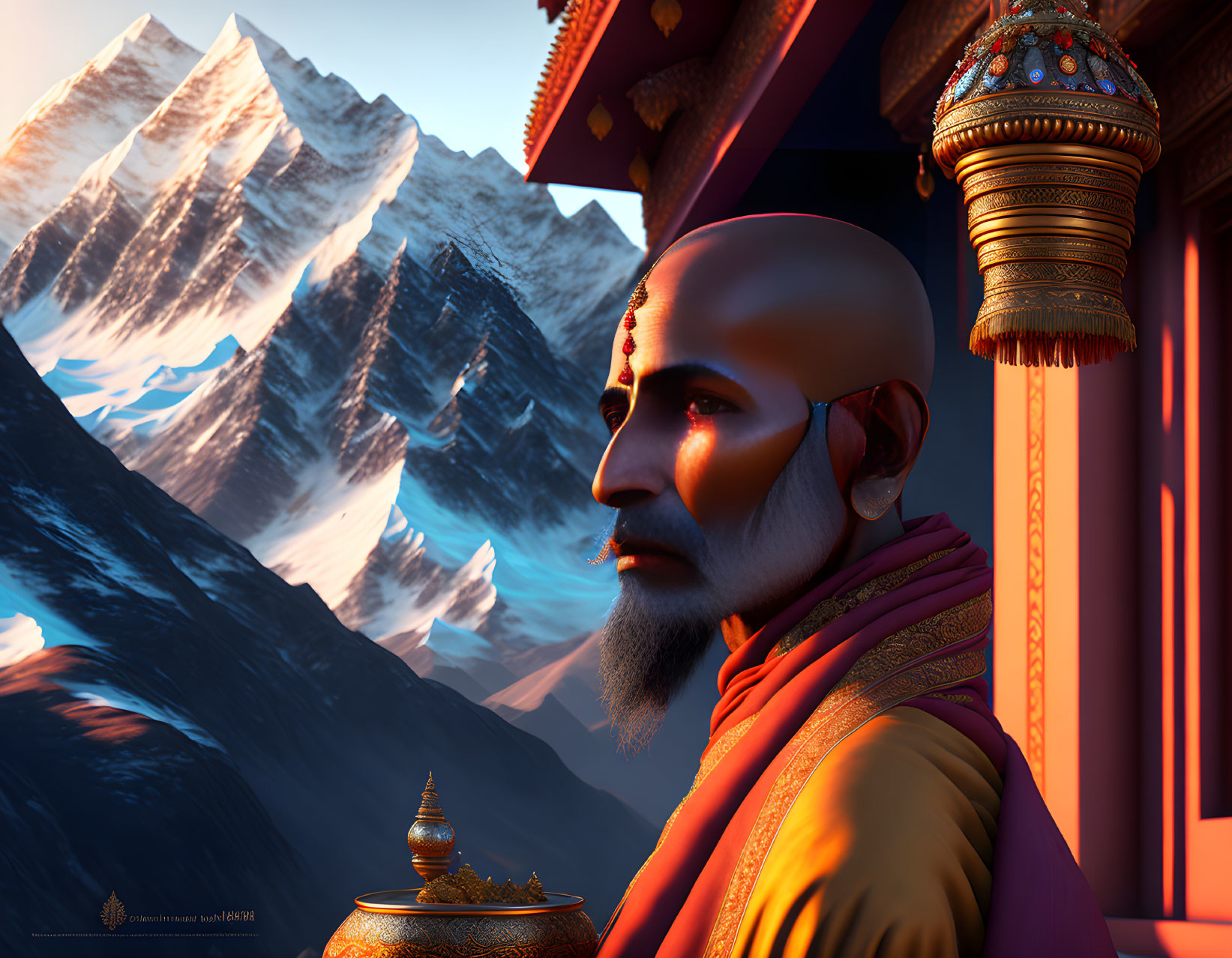 Digital artwork of a bald, bearded monk in orange robes near a golden vessel, set against snowy