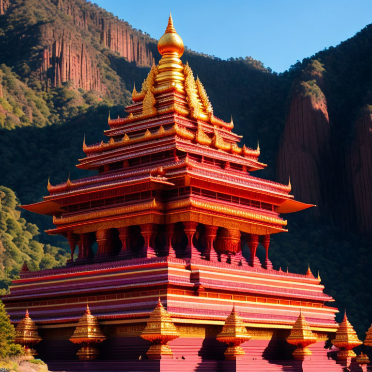 Red and Golden Pagoda Amid Verdant Cliff Formations