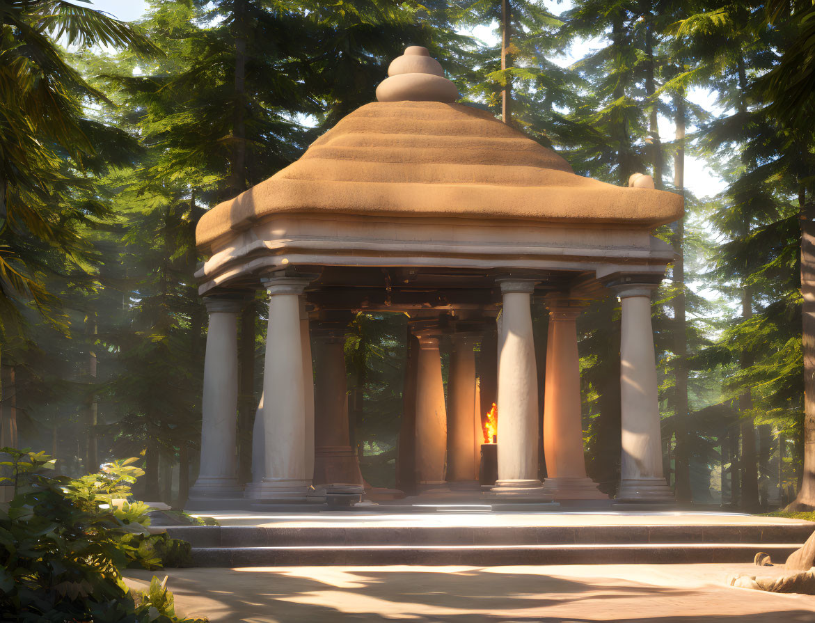 Stone Gazebo with Classical Columns in Sunlit Forest with Flaming Brazier