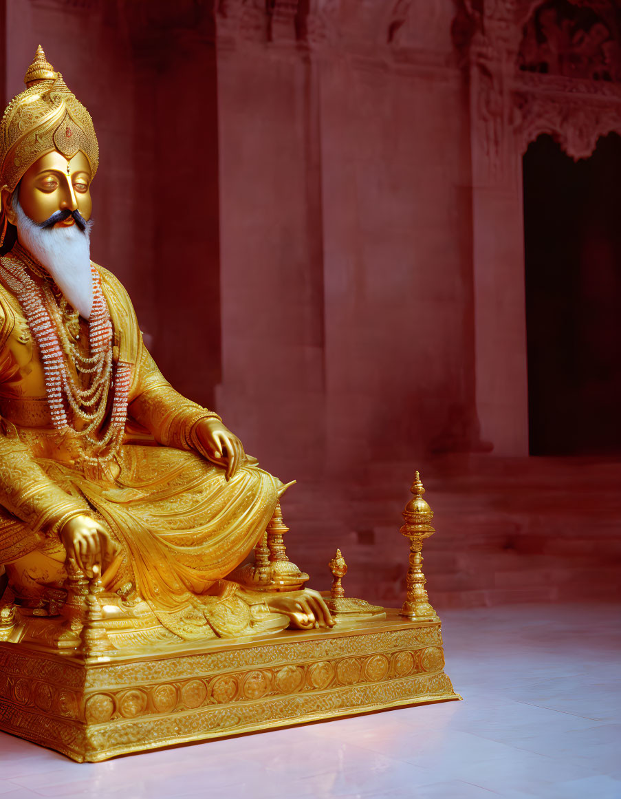 Gilded statue of seated royal figure in traditional attire with turban and beard