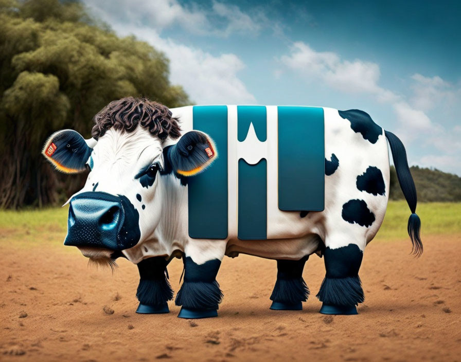 Whimsical digital artwork: Cow with milk carton body & blue udders