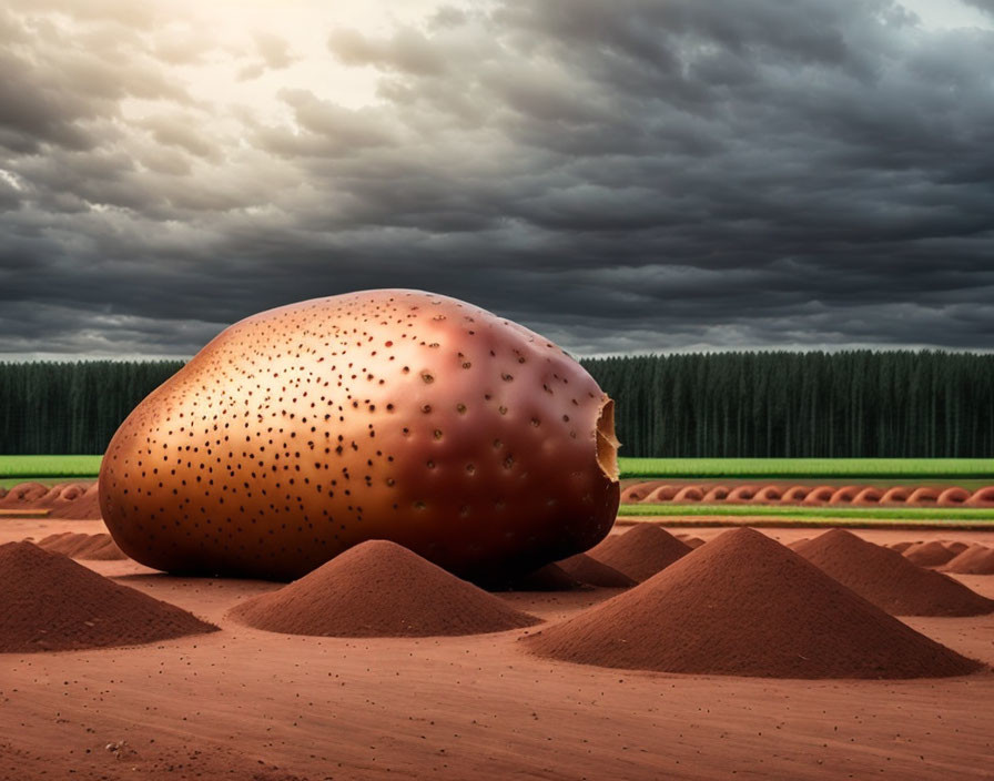 Realistic potato sculpture with bite under dramatic sky