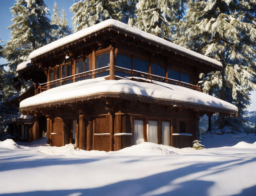 Snowy Landscape: Cozy Wooden Cabin Amid Frosty Pine Trees