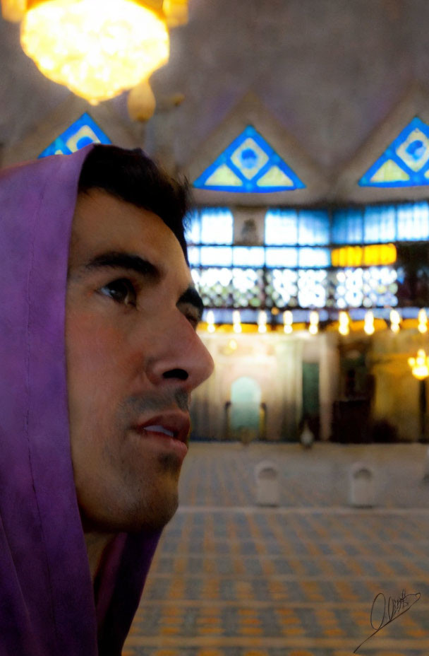 Man in Purple Head Covering with Stained Glass Windows and Chandelier