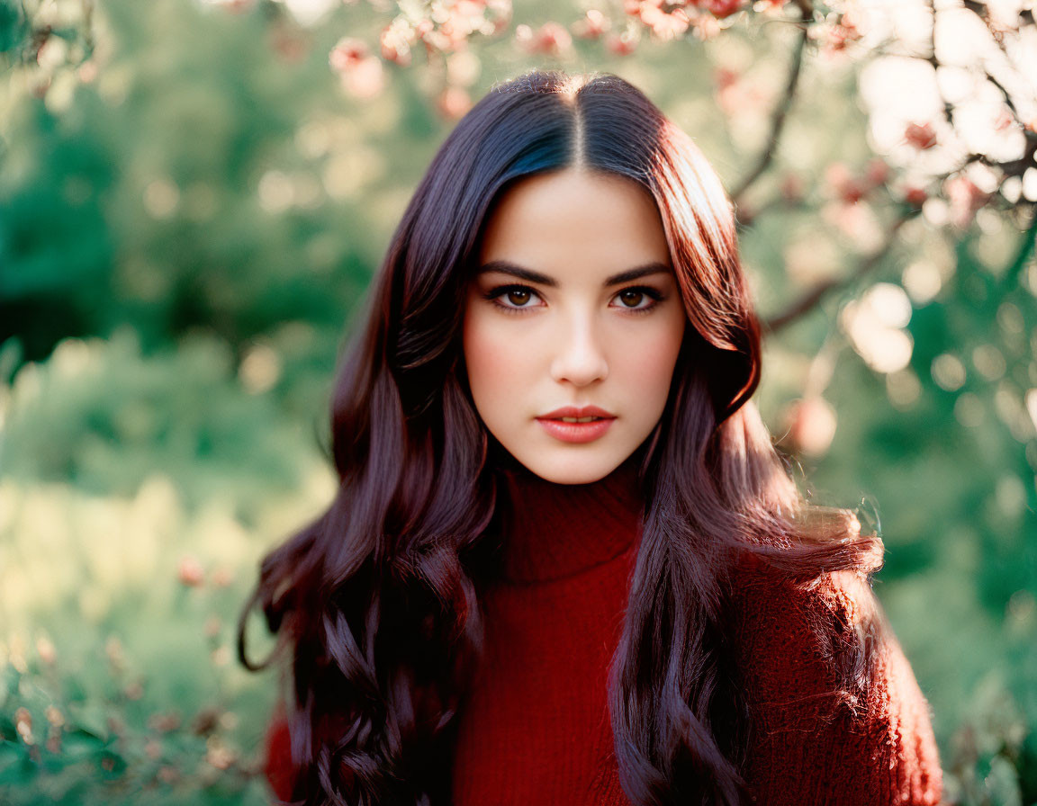 Woman with long dark hair in red turtleneck amidst greenery and red flowers